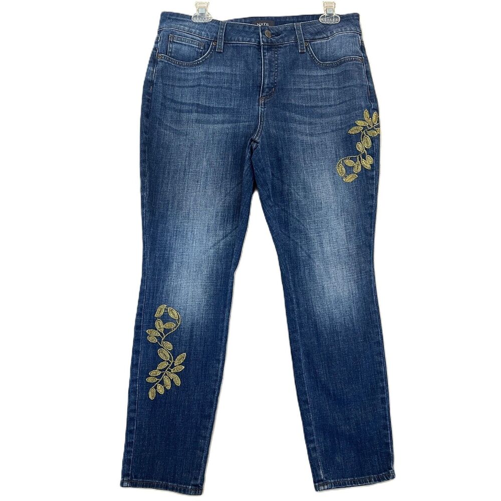 NYDJ Alina Legging Jeans Gold Embroidered Womens Size 12P